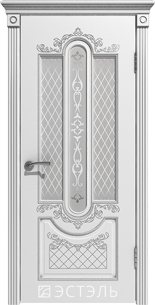 Межкомнатные двери Александрия, ДО, белая эмаль, патина серебро, стекло белое