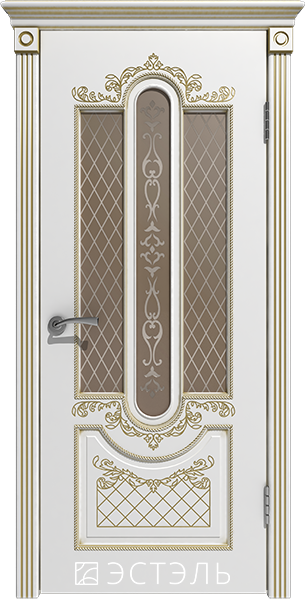 Межкомнатные двери Александрия, ДО, белая эмаль, патина золото, стекло бронза